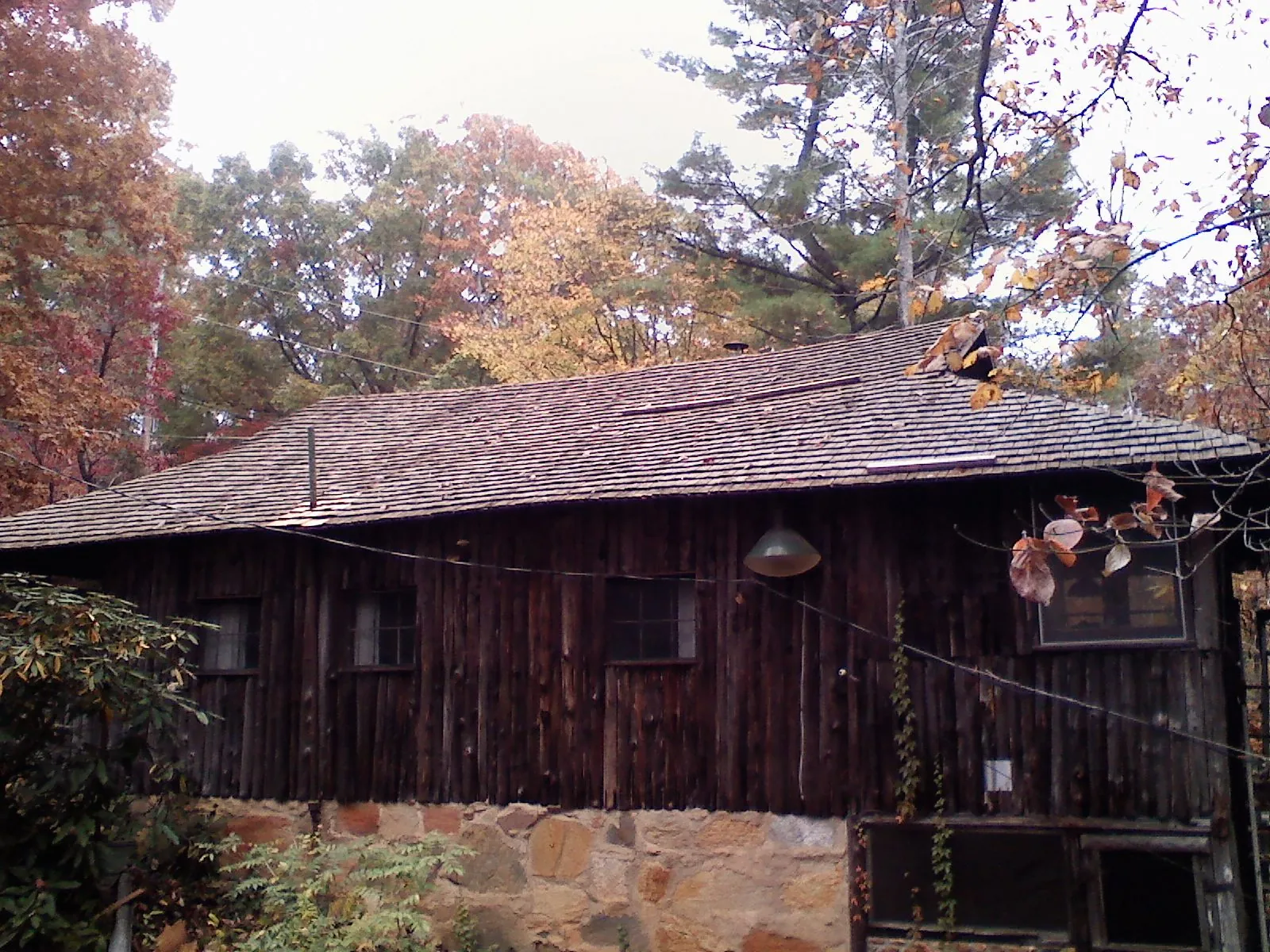 Weathered wood shake roof on a rustic board sided cabin in Elizabeth